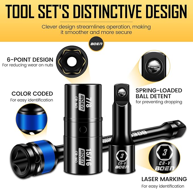 boen 9PCS 1/2" Drive Impact Flip Lug Nut Socket And Torque Limiting Extension Bar Set, 8" Long Impact Torque Sticks, Metric & SAE Double-Sided Sockets, 3" Extension Bar & Storage Case