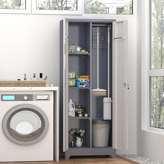 GREATMEET 65" Garage Storage Cabinet, Broom Closet Storage Cabinet, Storage Shed, Metal Cabinets with Doors and Shelves, Tool Shed for Brooms and Mops, Utility Cabinets for Storage, Grey&White