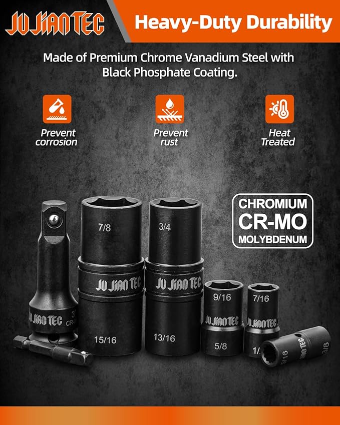 Lug Nut Impact Socket Set, Impact Driver Flip Socket, Five Sockets with 1/4-Inch Hex and 1/2-Inch Square Socket Adapters, Premium chrome vanadium Alloy Steel, with Molded Case