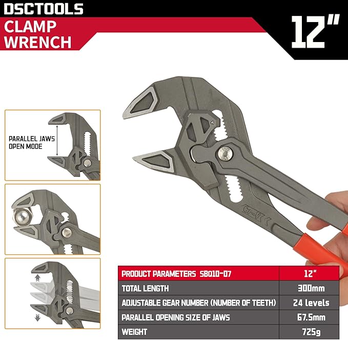 DSCTOOLS Multi-Use Adjustable Plier Wrench, Push Button Quick Adjust Tongue-and-Groove Pliers,Slip Joint Pliers, Plumbing Pliers (7/10/12Inch) (12"/300MM)