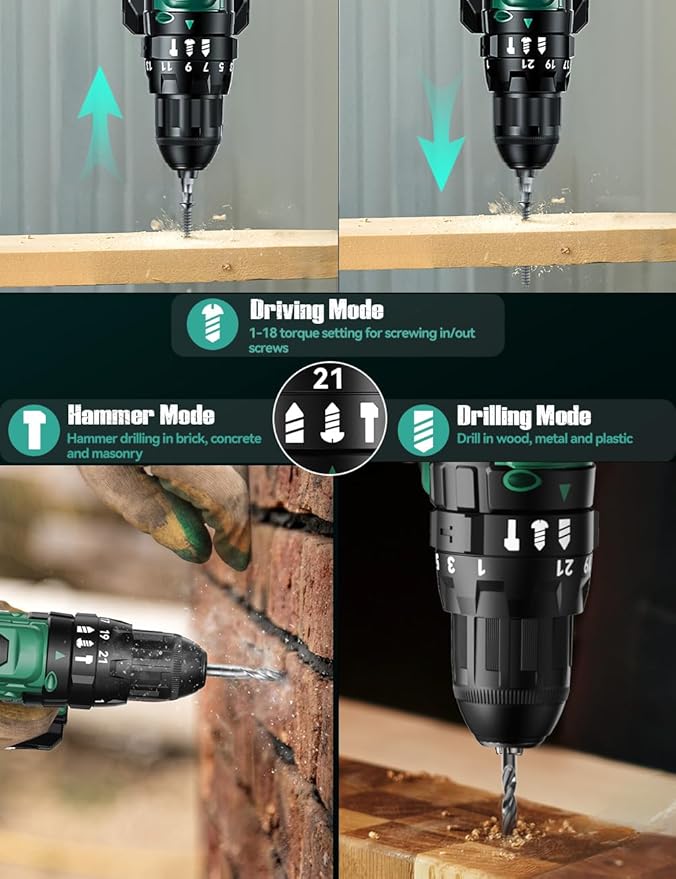 KIMO Cordless Hammer Drill Set with 20V 2.0Ah Battery 2 Packs, 21+3 Position, Max 350 In-lb Torque, 0-1350 RPM, 3/8" Keyless Chuck, 14pcs Accessories, Power Drill for Drilling Wood Bricks Walls Metal