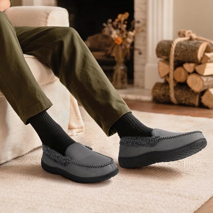 ATHMILE Men's Moccasin House Slippers, Memory Foam Arch Support, Plush Fuzzy Lining, Non-Slip Rubber Sole for Indoor/Outdoor Winter Comfort