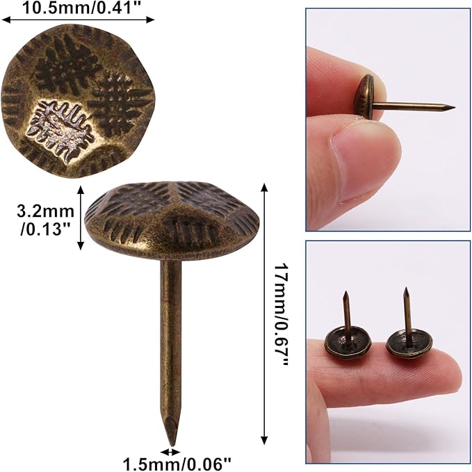 YuGtcen 100pcs Upholstery Tacks, Decorative Nails Thumb Tacks Metal Upholstery Nails for Wood Pins Vintage Furniture Tack (11x17mm, Crack Texture Bronze)