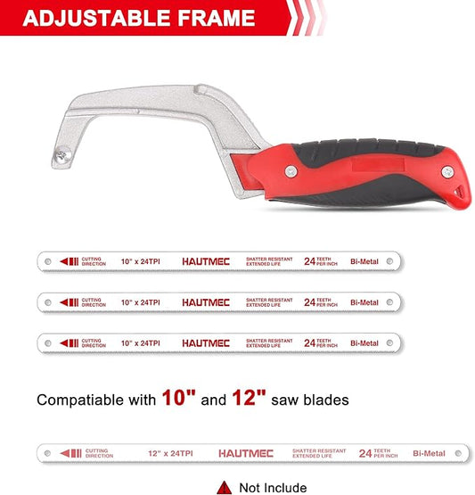 HAUTMEC Compact Hacksaw, Mini Hack Saw with 3Pcs 10" Bi-Metal HSS Blade, Small Hand Saw for Metal Wood PVC, Especially Cuts in Tight Hard-Reach Spaces – HT0355