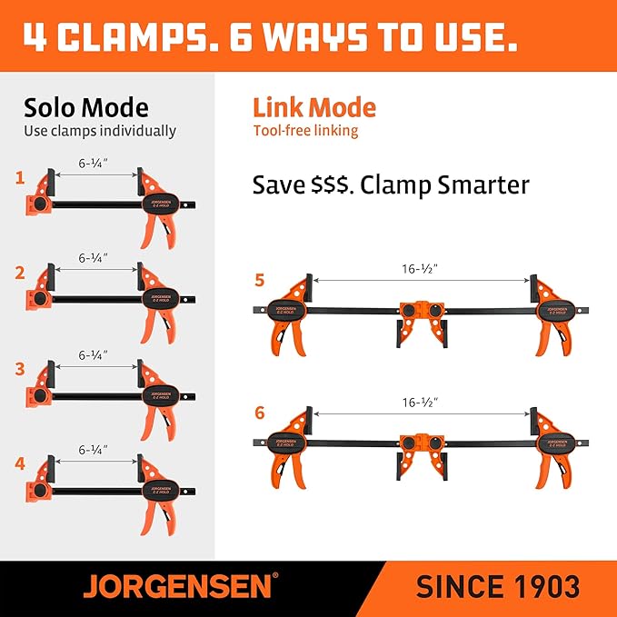 Jorgensen 6" Bar clamps for woodworking - 4-Pack, One-Hand Light Duty E-Z Hold Spreader Clamp, 150 lbs Capacity, Versatile and Easy-to-Use Design