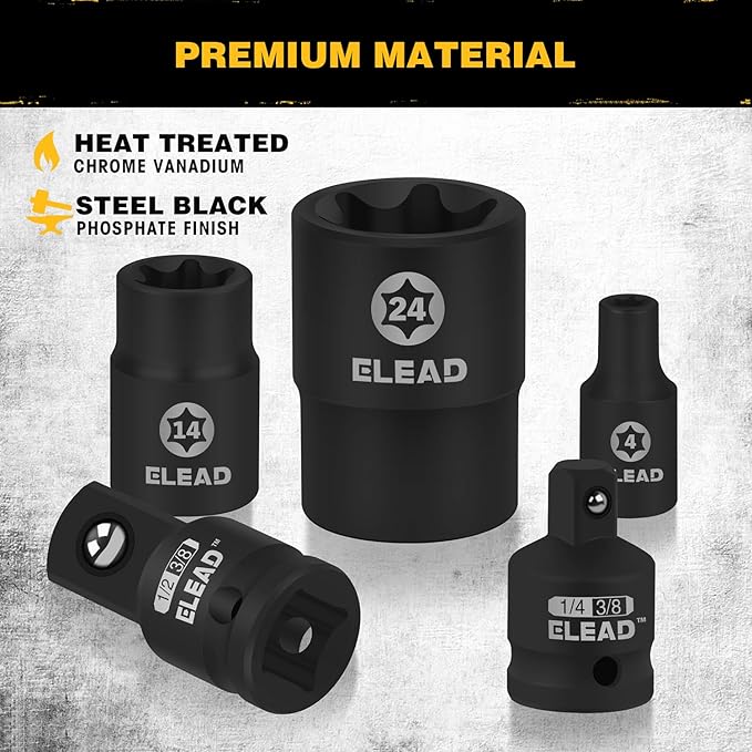 17-Piece Inverted E-Torx Socket Set - Premium Impact Cr-V Steel E4 - E24 Star Female Sockets for Impact Wrench 1/2 3/8 1/4 Drive Precision Torque Kit with Storage Case