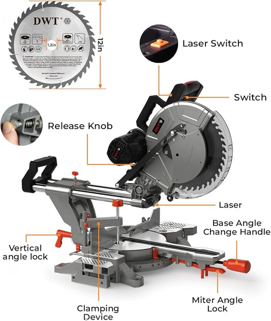 DWT 12-inch Compound Miter Saw with Double Bevel Cutting (-45/0/+45), Laser Guide, 9 Positive Stops, 3800RPM, 15Amp Miter Saw with Extension Table, 4.2x13in Cutting Capacity