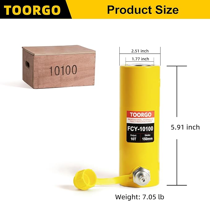 10T 4Inch Stroke Porta Power Single Acting Lifting Cylinder for Shipbuilding, Machinery and Industry, Automatically Retract Split Hydraulic Cylinder Jack, Yellow