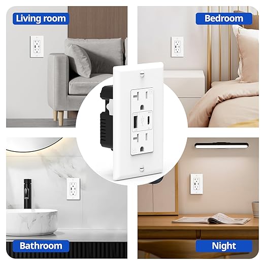 ThunderWay USB C Wall Outlet, 20 Amp Power Outlet with USB C Ports, 21W Electrical Outlets Receptacles with Fast Charging Ports, Tamper Resistant, Wall Plate Included, ETL Listed, White, 6 Pack