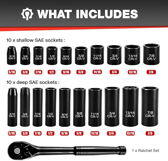 21pcs 3/8" Socket Set,Drive Impact Socket Set, SAE, Deep & Shallow, Cr-V Steel, 6 Point with Adapters, 72T Ratchet Handle, 5/16-7/8inch