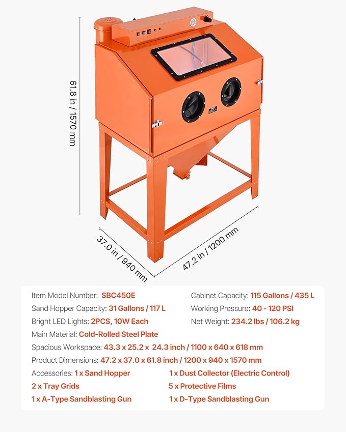 VEVOR Heavy Duty Sandblasting Cabinet Kit, Industrial-Grade Steel Sand Blasting Cabinet with Dual Blasting Guns & 1.6HP Dust Collector for Oversized Parts Surface Finishing, Rust Removal
