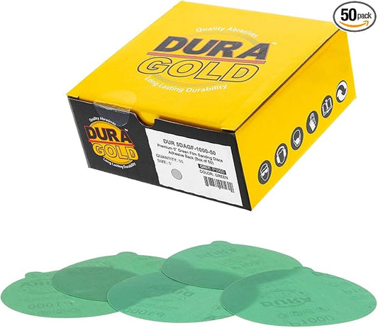 Dura-Gold Premium 5" Green Film PSA Sanding Discs - 1000 Grit (Box of 50) - Film Back Self Adhesive Stickyback Sandpaper Discs for DA Sander, Finishing Abrasive, Sand Automotive Paint Woodworking Wood