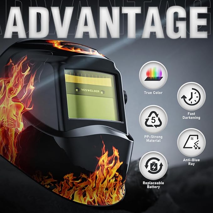 YESWELDER Auto Darkening Welding Helmet, Blue Light Blocking, 1/1/1/1 True Color Solar Powered Welding Hood with 2 Arc Sensors, Wide Shade 3.5/9-13 Welder Mask for TIG MIG ARC and Grind