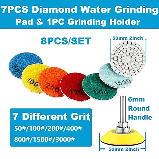 2inch 50mm Diamond Water Grinding Pad, 7 Different Grit 50#-3000# Wet Sanding Discs & 6mm Round Handle Hook & Loop Backing Holder for Detail Fine Buffing Polishing (8Pcs/Set)