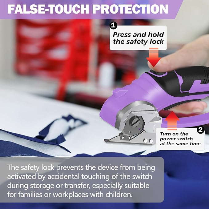 Cordless Electric Scissors, 4V Box Cutter & Cardboard Cutter with 2 Titanium Blades - Rotary Cutter with LED Light for Fabric, Leather, Carpet, Plastic, Crafting + Storage Case (Purple)