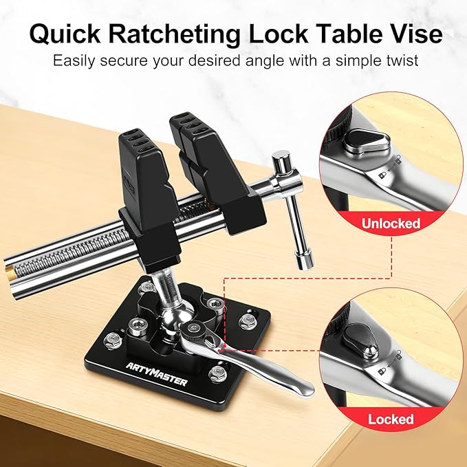 ArtyMaster Vise 4-Inch 360째 Ball Joint Swivel Bench Vise, Heavy Duty Aluminum Workbench Vise with Quick Ratchet Lock, Silicone Jaw Pads, Ideal for Woodworking, Repair & DIY Projects (WT117B)