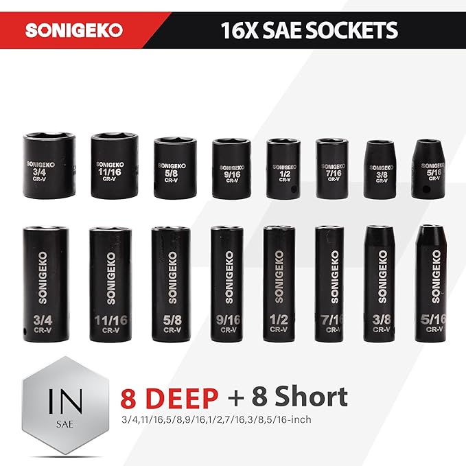 Socket Set 3/8" Drive Impact Socket Set,48-Piece 6 Point Deep,Standard SAE and Metric CR-V Steel Sockets with extension bar (Metric and SAE, 3/8" Socket Set, 48pcs)