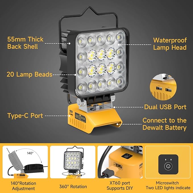 New Upgrade LED Work Light Compatible with Dewalt 20V Battery, 60W 6000LM Flashlight, 20V Battery Cordless Work Light with Low Voltage Protection & Dual USB & Type-C Charging Port (60W)
