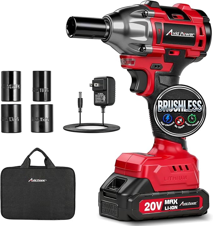 AVID POWER Impact Wrench, 1/2??Impact Gun Brushless Max Torque 332 Ft-lbs (450 N.m), 20V Cordless Impact Wrenches with 2.0 Ah Battery, 2 Variable Speeds, 4PCS Impact Sockets, Charger, Tool Bag
