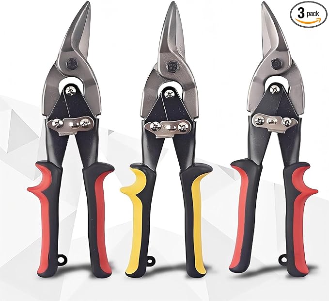 3-Piece Aviation Tin Snips Set, 10-Inch Sheet Metal Cutting Shears, Straight/Left/Right Cut Cr-V Steel Aviation Snips with Serrated Blades and Comfort Grip