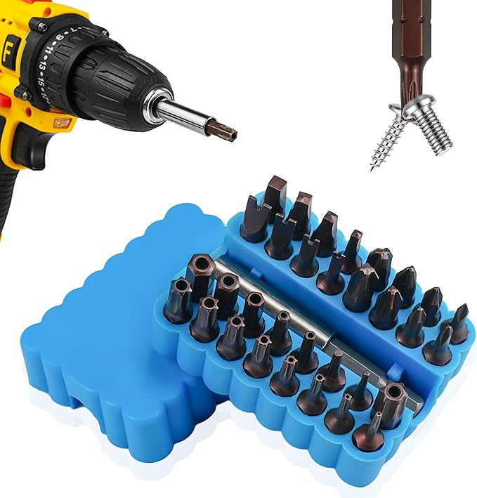 33 PCS Multi Head Impact Screwdriver Bits Set with Tamper Proof Bits PH/SQ/Tri-Wing/Hex/Security Torx/SP S2 Alloy Steel CNC machined with Blue Soft Base(25MM)