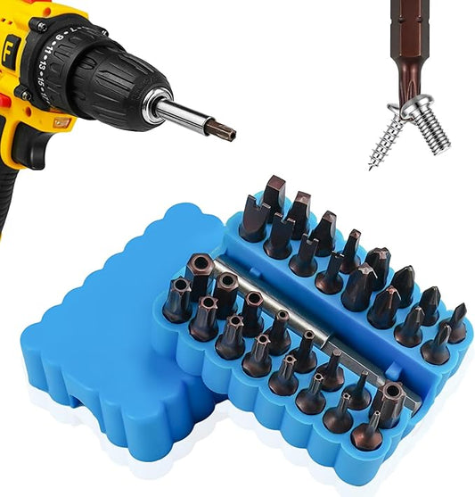 33 PCS Multi Head Impact Screwdriver Bits Set with Tamper Proof Bits PH/SQ/Tri-Wing/Hex/Security Torx/SP S2 Alloy Steel CNC machined with Blue Soft Base(25MM)