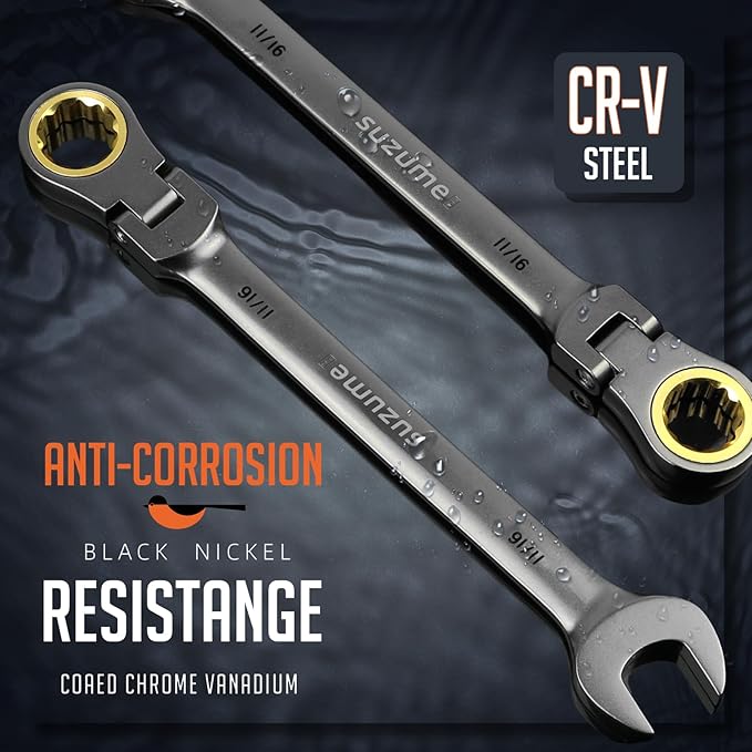 SUZUME 11/16??Flex Head Ratcheting Wrench SAE 72 Teeth Cr-V Steel with 180째 Flexible Head 15K+ Cycle Locked Gears Black Nickel Coating