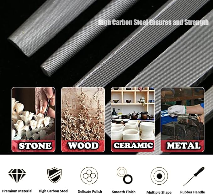 Metal File Set 3PCS Kit, 8 Inch High Carbon Steel File Blade Square Flat/Round/Half-Round Files for Metal, Wood, Carpentry, DIY, Comfortable Anti-Slip Grip