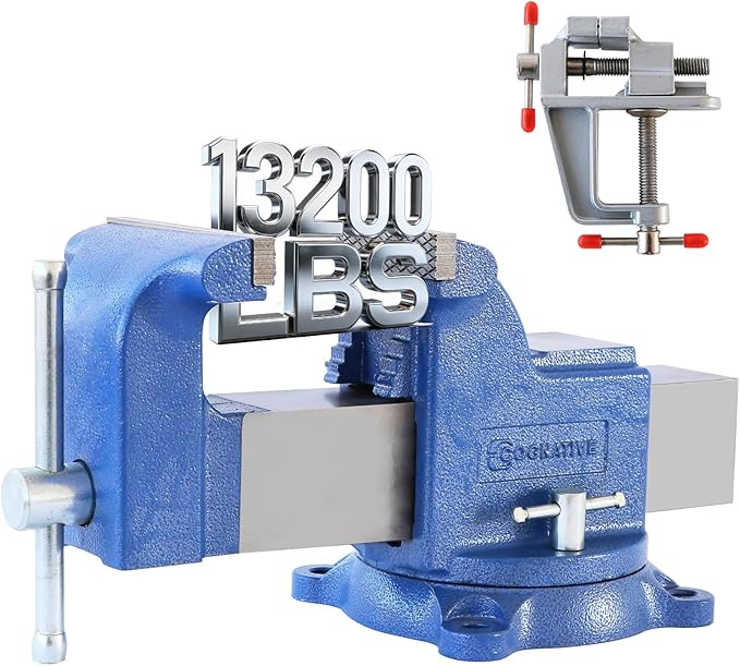 COGNATIVE 6" Heavy-Duty Bench Vise 13200LBS Stronger Clamping Force Ductile Iron Bench Vise 6 Inch 360째 Swivel Bench Vice with Anvil Blue, Include Mini Bench Vice Clamp