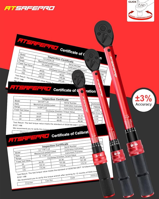 ATsafepro Torque Wrench Set-1/4 20??40 in-LB, 3/8" 5??0 ft-lb,1/2" 10??70 ft-lb with 3 Socket Adapters,짹3% Accuracy, Dual Scale, 72-Tooth, Dual-Direction for Car, Bike, Motorcycle Repair Maintenance