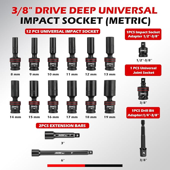 3/8" Drive Universal Impact Socket Set, 17 Piece Swivel Socket Set, Wobble Sockets, Flexible, 6-Point, Metric, 8-19mm, Cr-Mo, with 3" 6" Extension Bars and Adapter