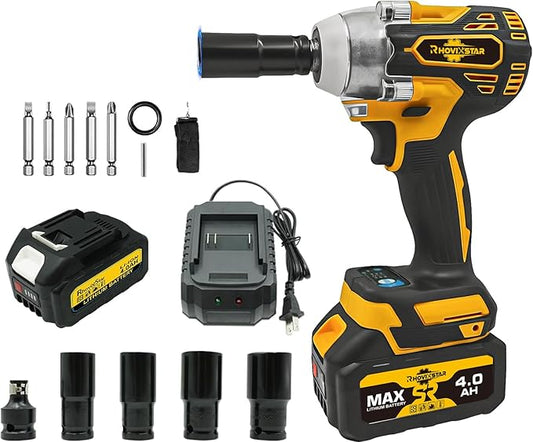 Rhovixster 1/2 Impact Gun, Cordless Impact Wrench Set, 1/2 Torque Impact, Brushless Motor High Torque Impact Guns with Battery and Charger