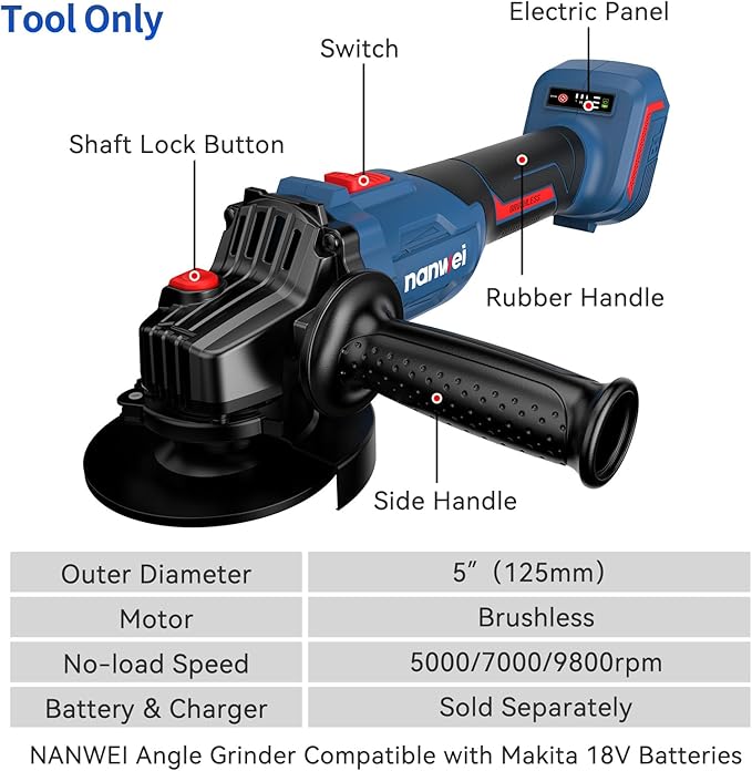 NANWEI 4-1/2" Angle Grinder Tool Cordless Brushless,3 Variable Speed Angle Grinder Compatible With Makita 18V Battery竊똌ax 9800rmp竊?Pcs Cutting Discs For Cutting Grinding Polishing (5" - Tool Only)