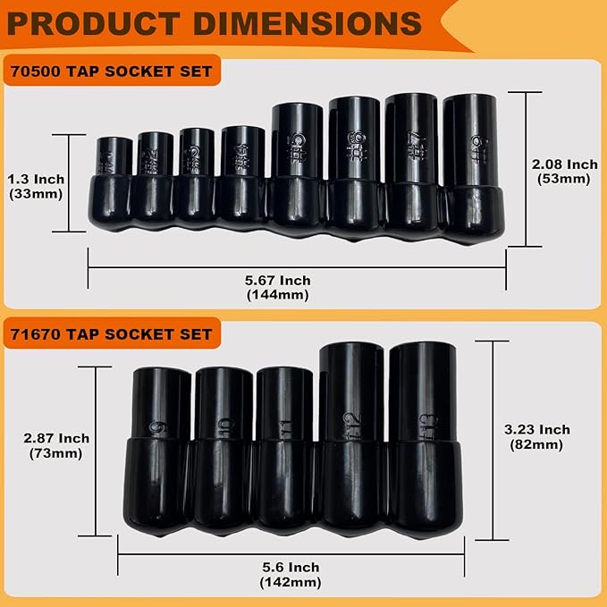70500 Tap Socket Set + 71670 Tap Socket Set, 13Pcs Tap Socket Wrench Adapter Set Fits All Number & Fractional M.C.T.I. Standard Taps