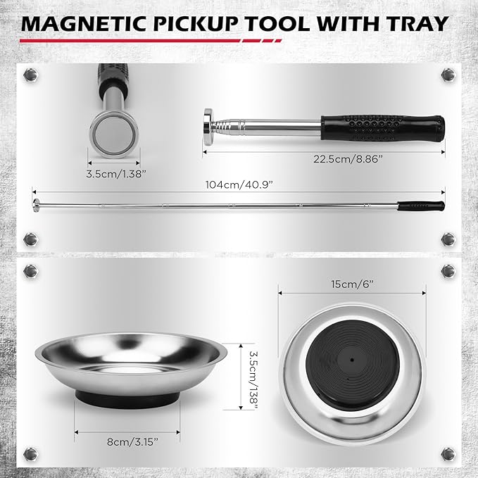 36-Inch Rolling Magnetic Sweeper | 40-Inch Telescoping Magnetic Pickup Tool | Magnetic Trays | 55-Pound Capacity Pick-up Sweeper for Nails, Screws & Metal Debris Workshop Garage Yard (3 Pack)