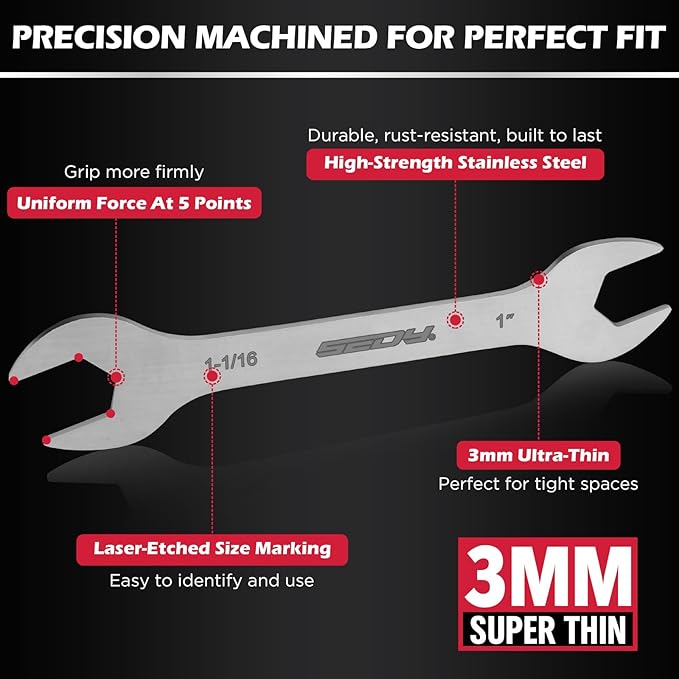 19-Piece Super Thin Open-End Wrench Set, SAE 1/4"-1-1/16" & Metric 5.5??7 mm, 3 mm Thickness Slim Wrench Set for Tight Spaces, Nickel Plated Flat Wrenches with Red & Blue Rolling Storage Pouches