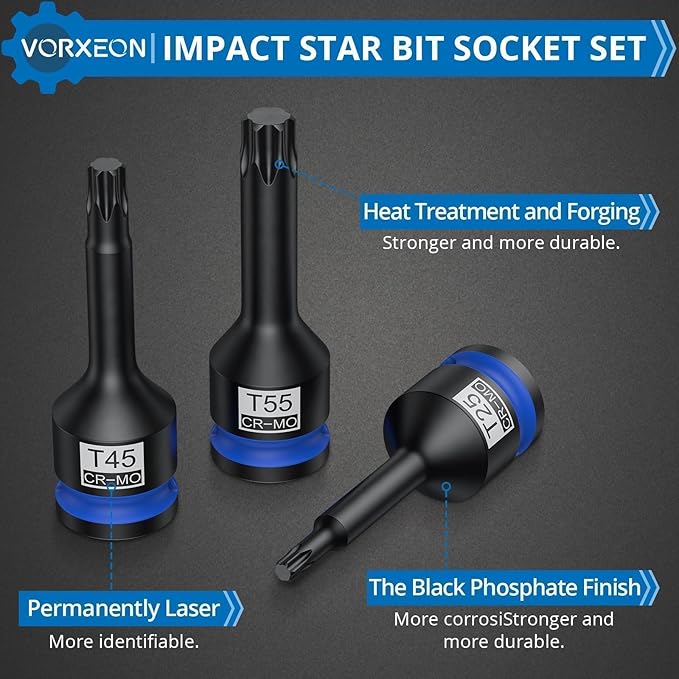 10 PCS 1/2" Drive Impact Star Bit Socket Set 42CRMO With Storage Case, Impact Torx Socket T25 T27 T30 T40 T45 T50 T55 T60 T70 T80