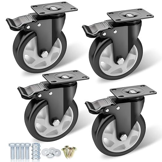 Casters, 5" Caster Wheels竊똂asters Set of 4 Heavy Duty - ASRINIEY Black Polyurethane Castors, Top Plate Swivel Wheels, 4-Pack Industrial Casters with Brake, Locking Casters for Furniture and Workbench