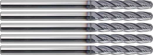 CME 5 pcs Micrograin Carbide End Mills, Ball Nose, TiAlN Coated, 3/16" Mill Diameter, 1 1/8" Length of Cut, 3" Overall Length, 4 Flute, Center Cutting