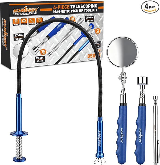 HORUSDY 4PCS Telescoping Magnetic Pick Up Tool Kit, Magnetic Sweepers Set with 360° Inspection Mirror, 2 Telescoping Magnetic Pickup Tools (5–25.6/6.9–29.5 in) & 24 in Flexible Claw Grabber