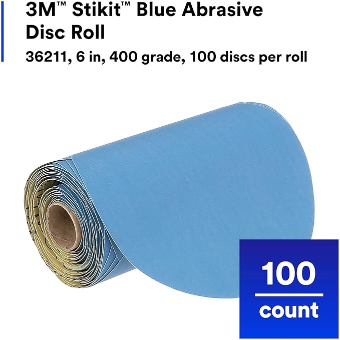 3M Stikit Blue Abrasive Disc Roll, 36211, No Hole, 6 in, 400+ Grade, Pack of 100, Automotive Sanding Discs for Coating Removal, Body Repair, Auto Sanding, Primer Sanding