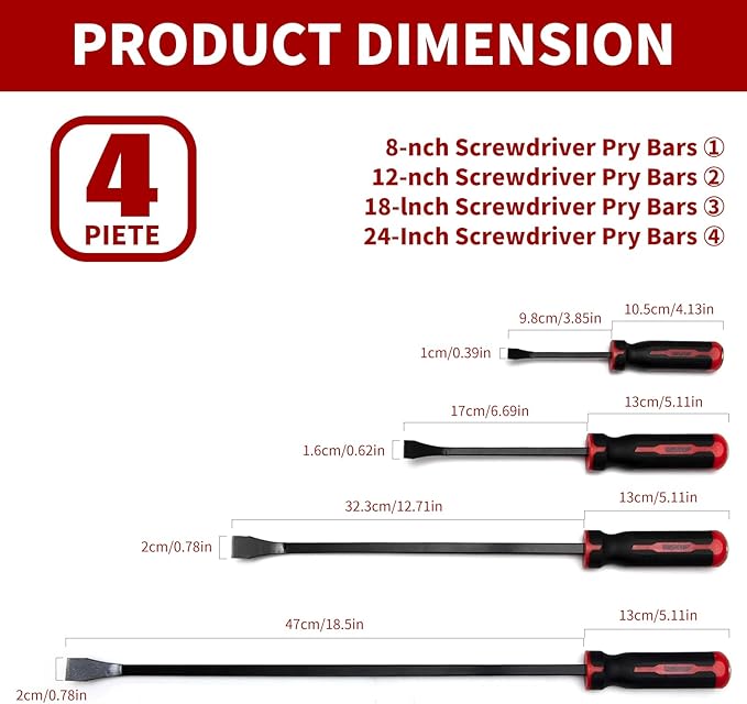 WISEUP 4-Piece Pry Bar Set竊?",12",18",24" Heavy Duty Crowbar with Thicker Strike Caps for Prying竊똃emolition竊똀utomotive Mechanic Hand Tools