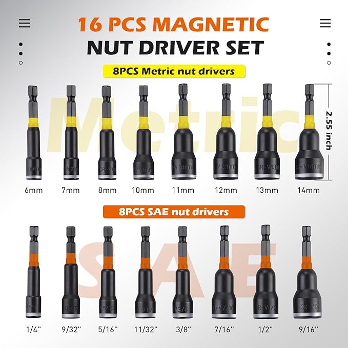 16Pcs Magnetic Nut Driver Set, Nut Driver Set for Impact Drill, 1/4" Quick-Change Hex Shank | SAE & Metric | Cr-V Steel, Impact Nut Driver Set, Nut Drivers for Stainless Steel Bolts