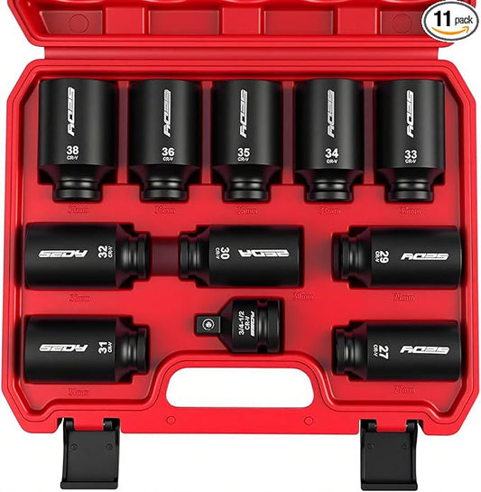 1/2 Drive Deep Impact Socket Set: 11-Piece Metric Size Wheel Axle Nut Wrench Metric Large Jumbo 27mm 29mm 30mm 31mm 32mm 33mm 34mm 35mm 36mm 38mm Spindle Joint High Torque Truck Bearing Locknut