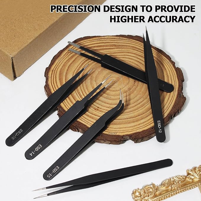 6 PCS Precision ESD Tweezers Set - Anti-Static Stainless Steel Tools Kit for Electronics, Jewelry Repair, Soldering, and Crafting Projects