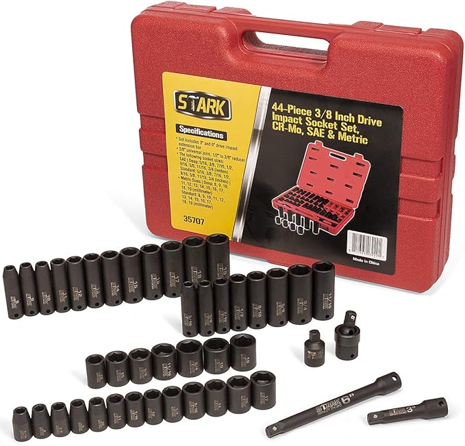 Stark Impact Socket Set 44PC 6-Point SAE & Metric Deep Shallow Standard 3/8" Drive Extension Bar + Carrying Case