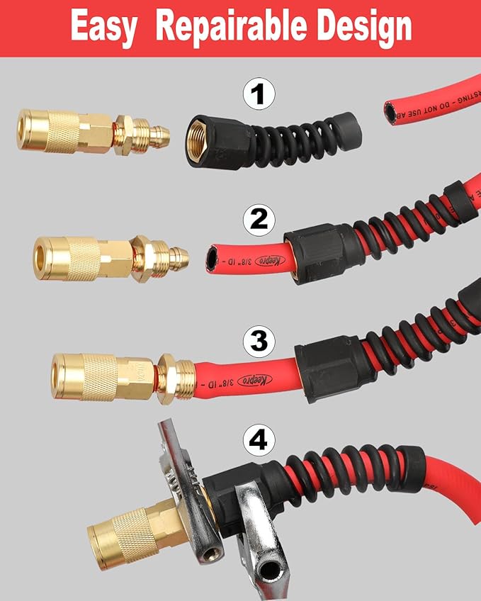 Keepro Hybrid Air Hose, Flexible Air Compressor Hose 3/8 Inch ID x 50 Feet Long with Repairable Solid Brass 1/4" Industrial Quick Coupler and Plug, 300 PSI Maximum Pressure, Red