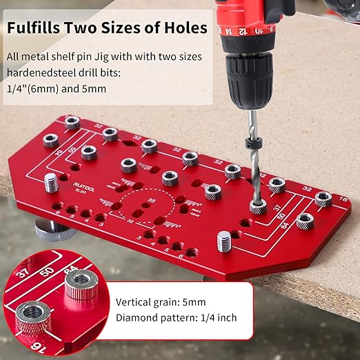 RUITOOL Shelf Pin Jig and Hinge Jig Two-in-One, Self-contained Clamping Function All Metal Shelf Pin Drilling Jig with 1/4" and 5mm Drill Bits, Shelf and Cabinet Hardware Jig Tool Drill Guide