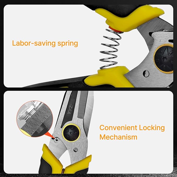 Heavy Duty Scissors 9 Inch Aviation Tin Snips, Straight Metal Cutter with Stainless Steel Blade & Comfort Grips, Multifunction Cutting of Branches, Cable Wires, Cardboard