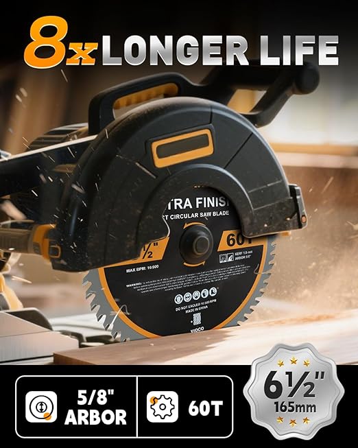 COMOWARE 6 1/2“ Circular Saw Blade, 60T ATB Circular Saw Blade, 5/8" Arbor, TCT Carbide-Tipped, Anti-Vibration, Teflon Anti-Stick, Miter Saws Blades for Wood, Laminate, Plywood & Hardwoods